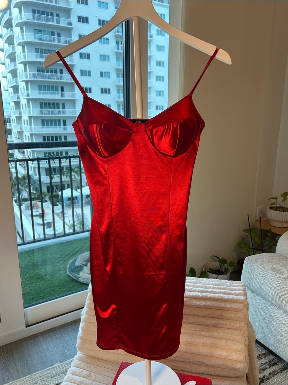 Papaya Red Satin Slip Dress with Bustier Cups